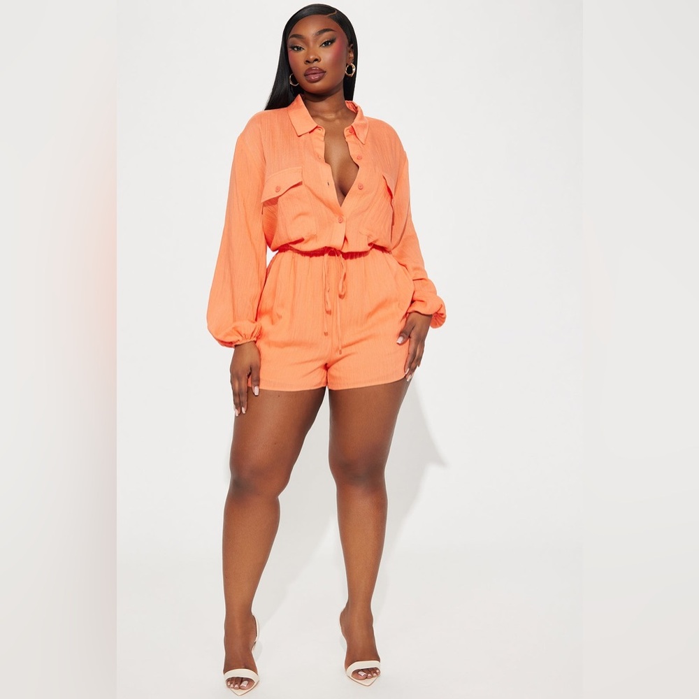 FASHION NOVA Hamptons Linen Romper - Orange XL/1X